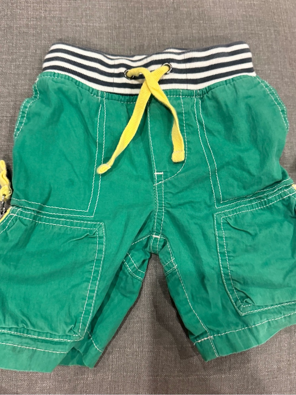 Boden Green Cargo Shorts with Striped Waistband and Yellow Drawstring